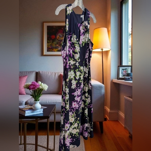 London Times Empire Waist Fit & Flare Midi Dress Size 14 Navy Floral (EUC) - Picture 9 of 14